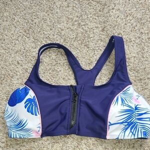 Women's Blue Tropicall Leaf Print Swim Top